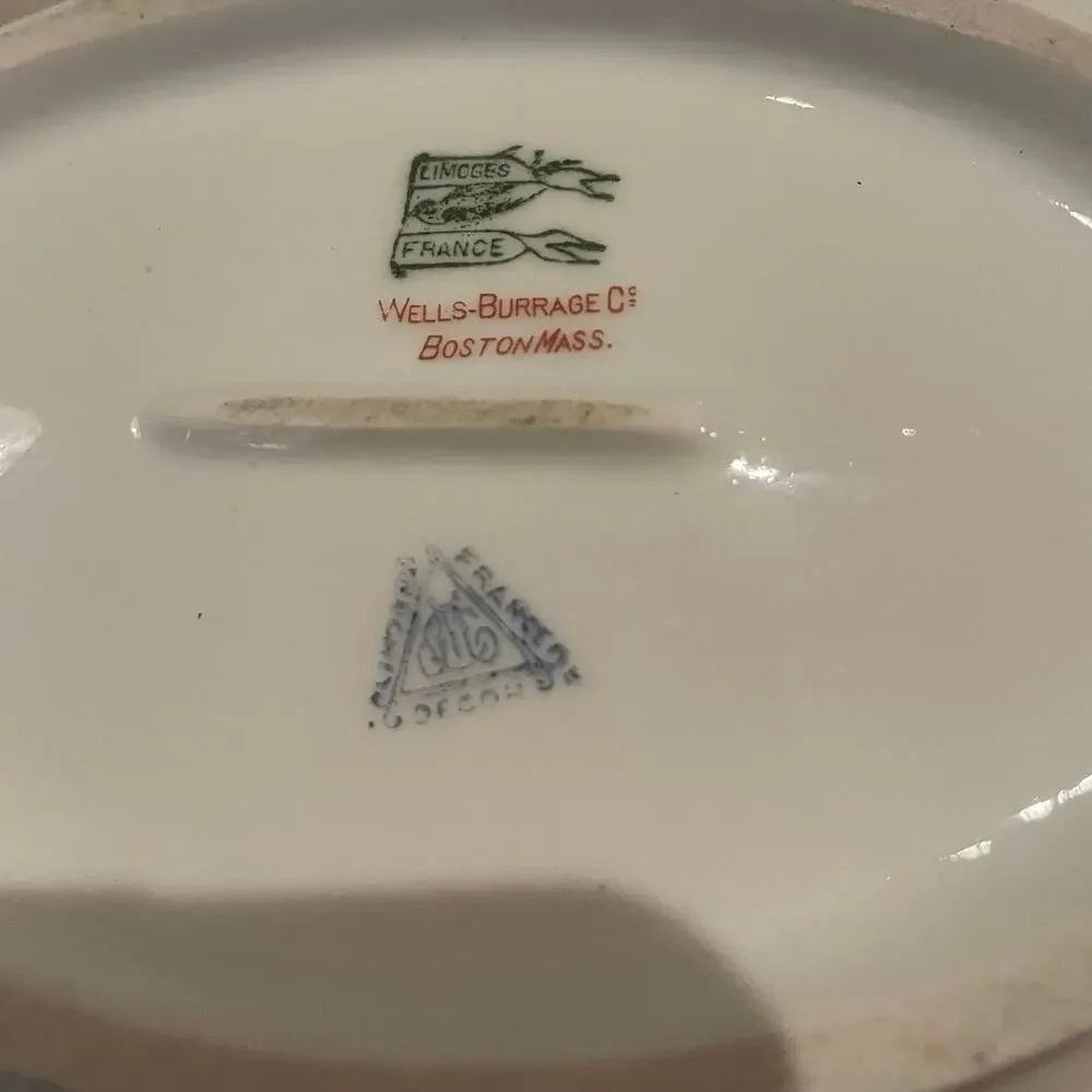 Vtg Limoge France oval vegetable dish green garland blue floral swag gold detail